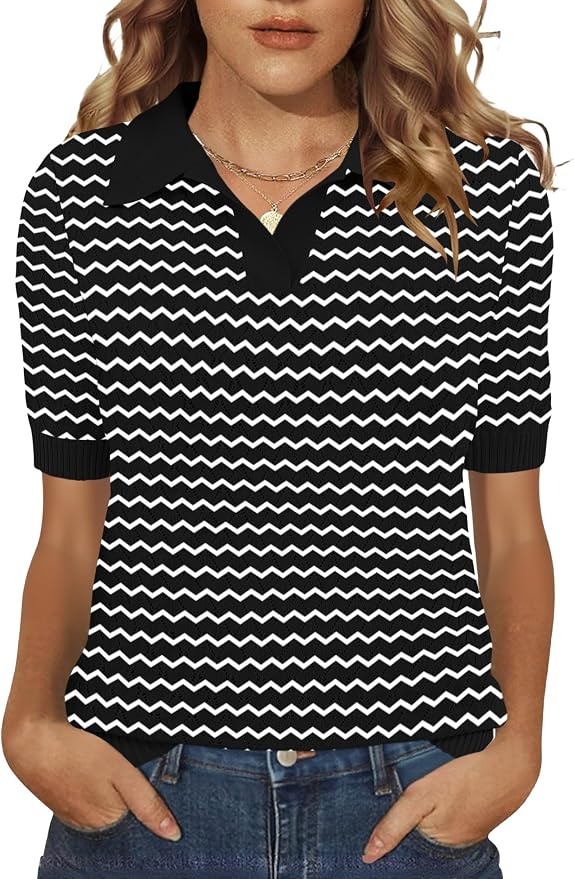 Rapbin Womens Short Sleeve Knit Polo Shirts Summer Spring Sweater Tops | Classic V Neck Collared Shirts Lightweight Business Casual Basic Fashion Pullover Polo Sweater for Work Formal Daily Wear