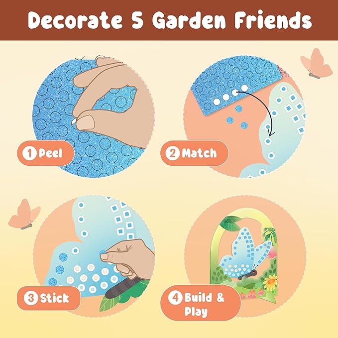 BINCA Foam Sticker Mosaic Art Activity, 750+ 3D Glitter Foam Stickers, 5 Garden Animals with Display Arch, DIY Mess-Free Activities, Felt Craft Kits & Gifts for Boys & Girls Ages 5,6,7,8