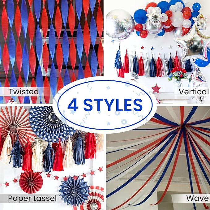 PartyWoo Patriotic Red White and Blue Crepe Paper Streamers 6pcs 492ft Pack of Red White Blue Silver Crepe Paper Streamers for Independence Day 4th of July Memorial Day USA Theme Party Decorations