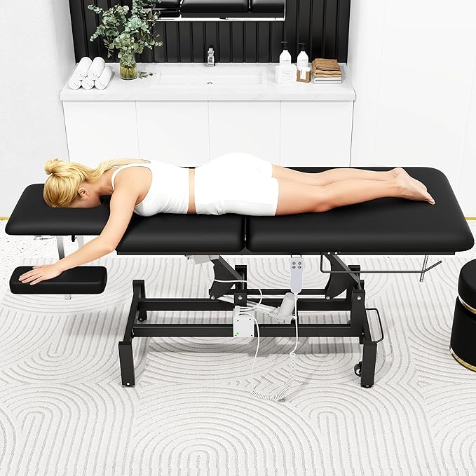 Professional Electric Massage Table, 2 Motors Hydraulic Electric Lift Adjustable Waist and Height Lifting Functions for Treatment/Physical Therapy/Spinal Massage/Facial Spa/Waxing/Tattooing - Black