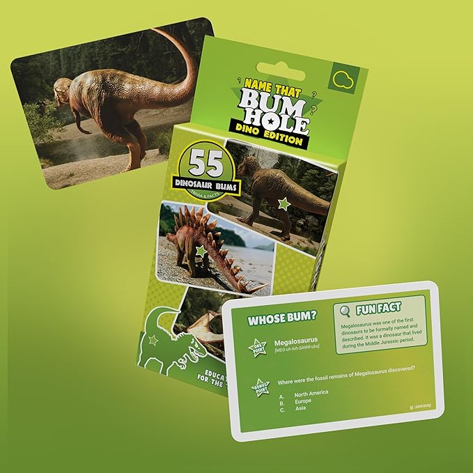 Name That Bumhole: Dino Edition - Guess The Dinosaurs from Their Bumholes - Animal Trivia Game - 55 Flashcards (17.5 x 8.5 cm)