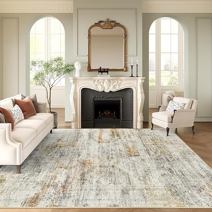 Soalmost 10x14 Area Rugs for Living Room Washable Rug Non-Slip Gray/Rust | Large Vintage Stain Resistant Carpet for Dining Bedroom, Low Pile Lightweight Foldable Floor Mat Nursery Home Office Decor