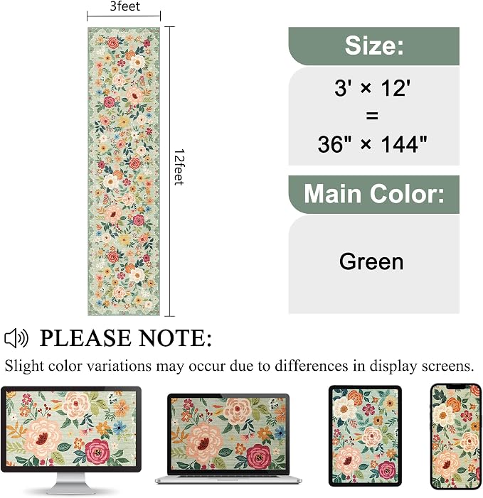 DUKINO 3x12 Washable Runner Rug, Long Hallway Runner Rug Non Slip, Green | Soft, Low Pile, Floral Indoor Runner Rug for Kitchen, Entryway, Bedroom, Bathroom, Laundry, Modern Home Decor, Non-Shedding