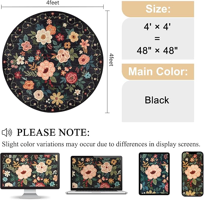 DUKINO 4ft Round Rug, Floral Washable Small Round Area Rug Non Slip, Black | Soft, Low Pile, Stain Resistant Indoor Circle Rug for Bedroom, Kitchen, Kids Room, Living Room, Pet Friendly, Home Decor
