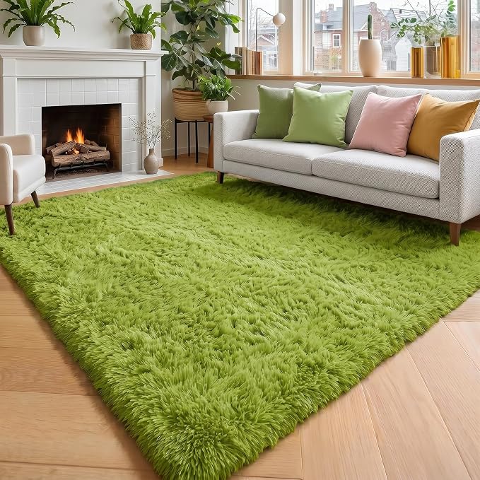 Amdrebio Grass Green Plush Area Rug 5x7 for Classroom Bedroom Living Room | Fluffy Furry Fuzzy Shaggy Moss Carpet, Reading Corner Kids Nursery Dorm Toddler Sensory Room Decor, Nature Forest Aesthetic