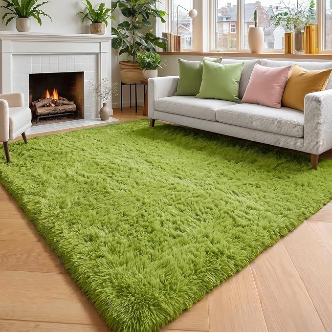 Grass Green Rugs for Bedroom, Fluffy Shag Area Rug 4x6 for Kids Room Living Room Baby Nursery Decor Aesthetic, Cute Furry Cool Shaggy Throw Bedside Fuzzy Plush Moss Carpet for Dorm Classroom Playroom