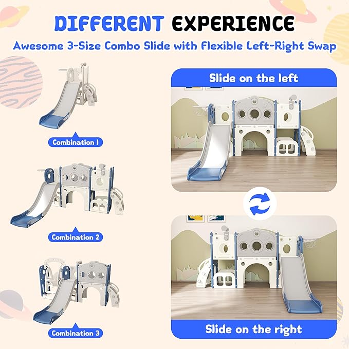 GITAWUSA 8 in 1 Toddler Slide, Outdoor Indoor Playset for Kids Baby Age 1 2 3, Childs Climber Slide with Storage Space and Non-Slip Steps, Basketball Hoopa and Telescope, Blue & White