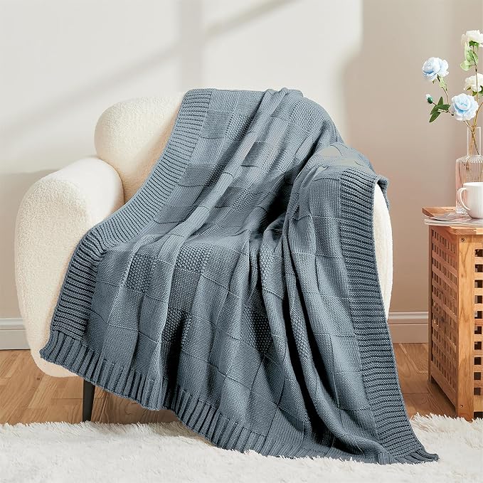 CozeCube Dusty Blue Knitted Checkered Throw Blanket 50"X60" | Check Knit Throw for Couch, Decorative Christmas Soft Cozy Warm Blanket for Bed Sofa Living Room