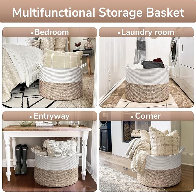 Goodpick Large Woven Basket for Blankets, Nursery & Living Room Decor, 85L | 21.7 x 21.7 x 13.8 In Toy Storage Basket for Nursery, Blanket Basket for Living room, Laundry Basket, Light Brown
