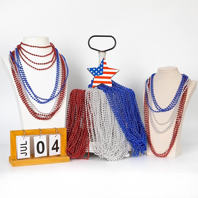 4th of July Necklace Accessories, 72PCS Independence Day Beads Necklace Bulk, Round Fourth of July Red Blue Silver Beads Party Favors, Bead Bulk for Patriotic Parade Party Celebration