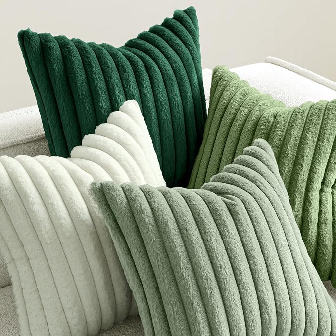 MIULEE Faux Fur Plush Decorative Throw Pillow Covers 20x20, Green | Set of 4, Striped, Soft Modern Cozy Home Decor, Cushion Cases for Sofa Couch Bed Living Room