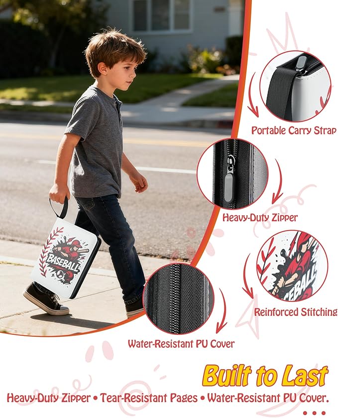 Best baseball card binder 4-Pocket holds 480 cards, 120 pages side-loading, PU leather zip waterproof cover, acid-free pages, for home storage & card shows, baseball cars binder, gift kids boys girls!
