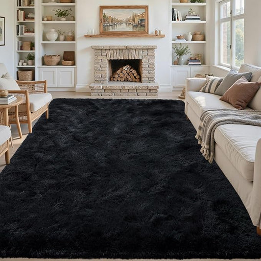 7x10 Black Area Rugs for Living Room, Large Fluffy Shag Bedroom Rugs Non-Slip, Ultra Soft Plush Carpet for Nursery Kids PlayRoom Dorm Office Indoor Modern Carpets