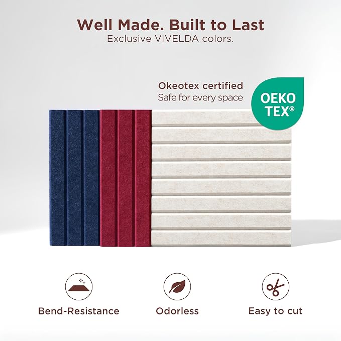 Large Felt Bulletin Board 48 x 36 Inch - 12-Pack Square Acoustic Wall Panels, Cork Board Alternative, NRC 0.95, Damage-Free Adhesive, Slatted Design for Home, Classroom (Black)