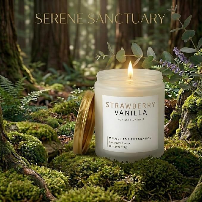 Strawberry Vanilla Scented Candles for Home - 15% Essential Oil Luxury Aromatherapy - Handmade Natural Soy Wax Candle for Relaxation - 9oz Frosted White Jar,50H Clean & Non-Toxic Burn