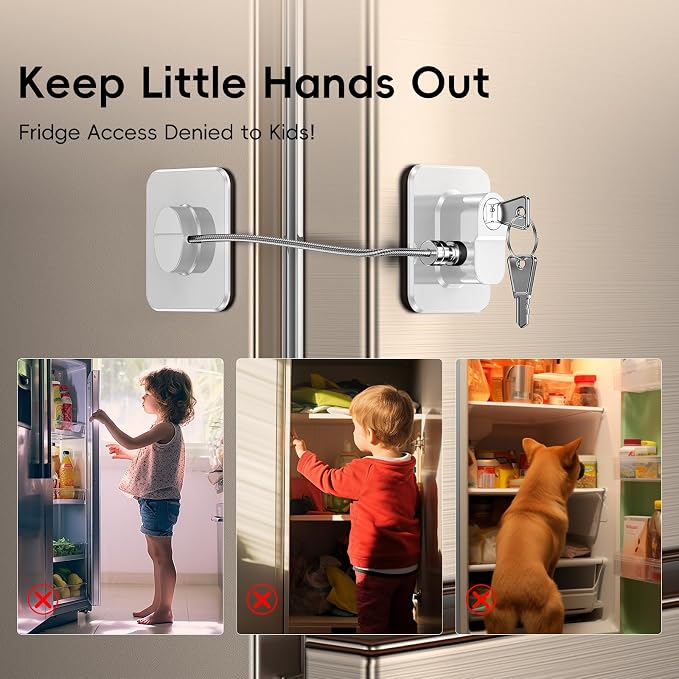 2 Pack Refrigerator Locks with 4 Keys, Child Safety Lock for Fridge Door Locks, Cabinets, Freezer, Desk Drawers, Wardrobes, Closets, Windows-No Tools Need or Drill (Patent)
