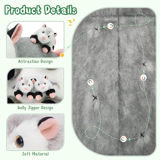 Tezituor 5Pcs Opossum Stuffed Animals Set, 24 Inch Large Mommy Stuffed Opossum Plush with 4 Cute Babies Toy, Realistic Possum Plush Pillow for Girls Boys