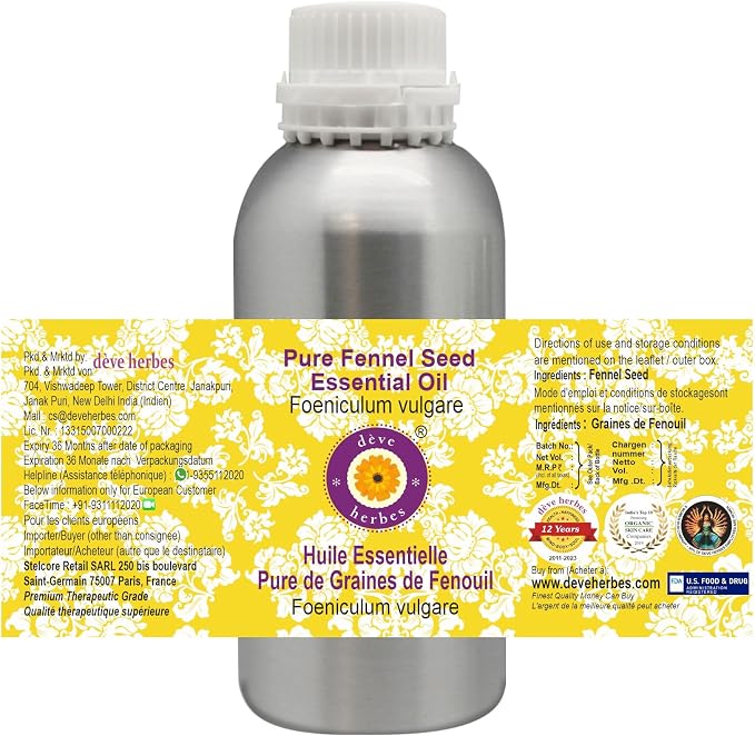Deve Herbes Pure Fennel Seed Essential Oil (Foeniculum vulgare) Steam Distilled 630ml (21 oz)