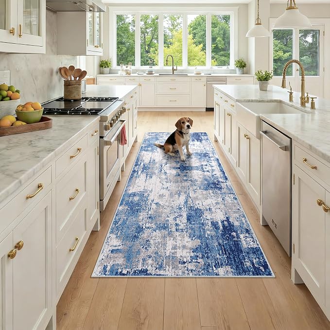 RELEANY Washable Runner 3'x7' Abstract Area Rug for Hallway Blue Gray | carpet for kitchen, entryway, bathroom, living room, bedroom, printed pattern, non-slip, soft, stain-resistant, easy to clean