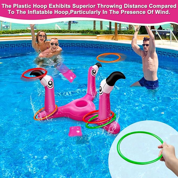 [ Bean Bag & Ring Toss ] Inflatable Flamingo Pool Toys Games Set 2-in-1 Floating Pool Rings Toss & Cornhole Summer Swimming Hawaii Luau Party Water Game for Adults Beach Backyard