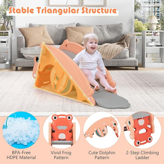 HONEY JOY Toddler Slide Rocking Toy, 4 in 1 Convertible Freestanding Slide for Kids w/Basketball Hoop, Rocking Horse, Foldable Baby Climber Playground Slide for Indoors Outdoors Boys Girls, Pink