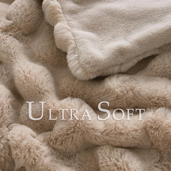 BENVWE Faux Fur Throw Blanket for Couch - Thickened Fluffy Soft Bubble Blanket for Living Room Home Decor - Fathers Day Birthday Gifts for Women Men, Beige, 50" x 60", 1300GSM