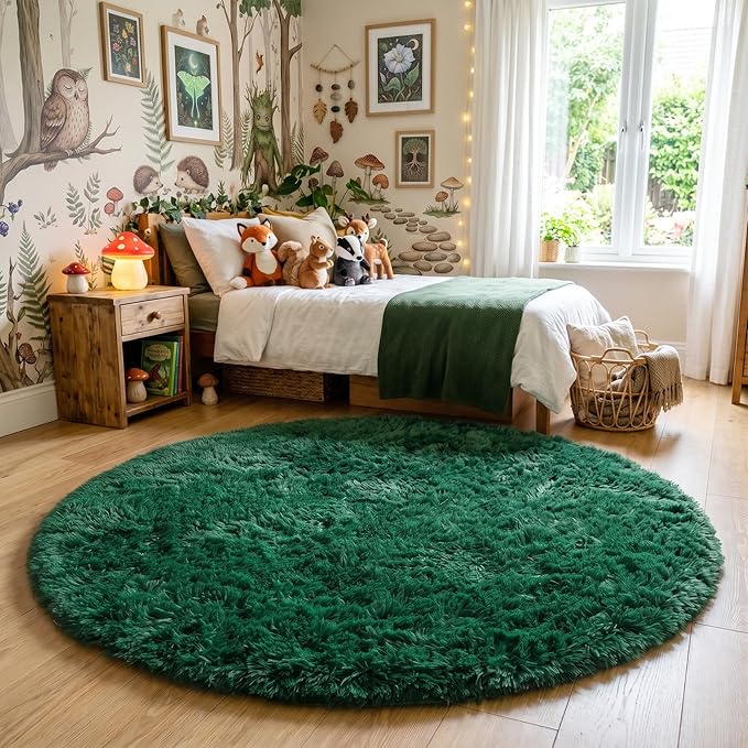 Amdrebio Dark Green Round Rug 6Ft for Living Room Bedroom, Fluffy Thick Floor Circle Area Rugs for Kids Room Decor, Furry Shag Rug for Baby Nursery, Teens Dorm, Fuzzy Plush Cool Emerald Green Carpet