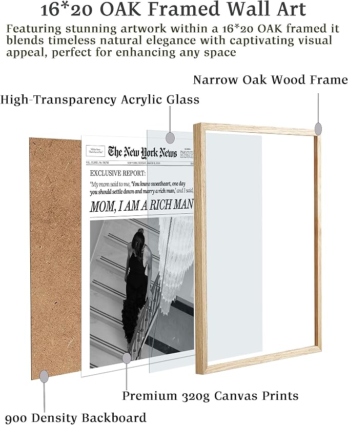 EcoHest 16x20 in Mom I Am a Rich Man Newspaper Framed Wall Art | Solid Oak Wood Frame with Canvas Wall Art, Girly Fashion Magazine Decor for Bedroom, Apartment, Dorm, College Room, 1Pack