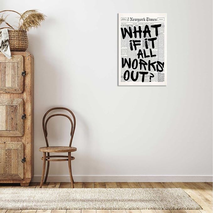 Drimiler Retro Black And White Newspaper Poster What If It All Works Out Canvas Wall Art Positive Affirming Quote Minimalist Prints Painting For Home Bedroom Dorm Wall Decor 12x16in Wframed