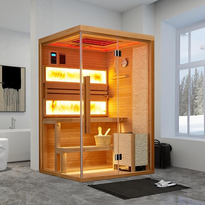 Traditional Steam Sauna,2-4 Person Luxurious Indoor Sauna with 2300W Stove Heater,Wood Sauna Room with 2 Himalayan Salt Bricks,7-Color Dynamic Abysm Sky Lights,220V,Bluetooth Speaker