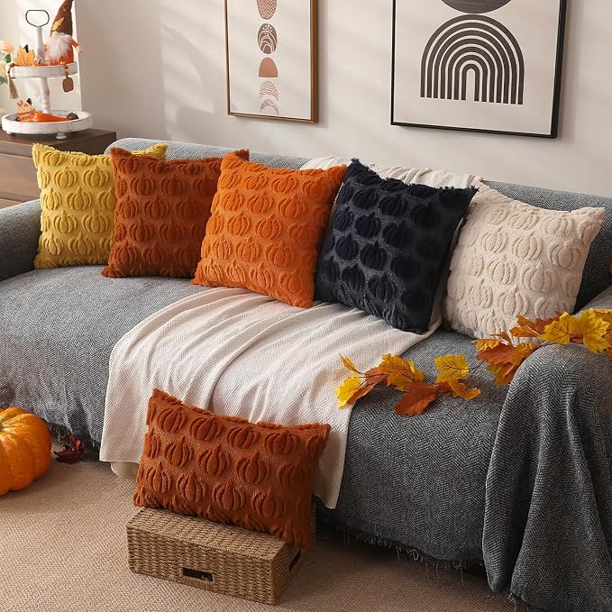 DFXSZ Fall Pillow Covers 16x16 2Pcs Yellow Pumpkin Fall Decoration for Home | Fall decor Set of 2 Throw Pillow Cases Soft Plush Faux Fur Wool Couch Cushion for Chair Sofa Bedroom Living Room Home Decor