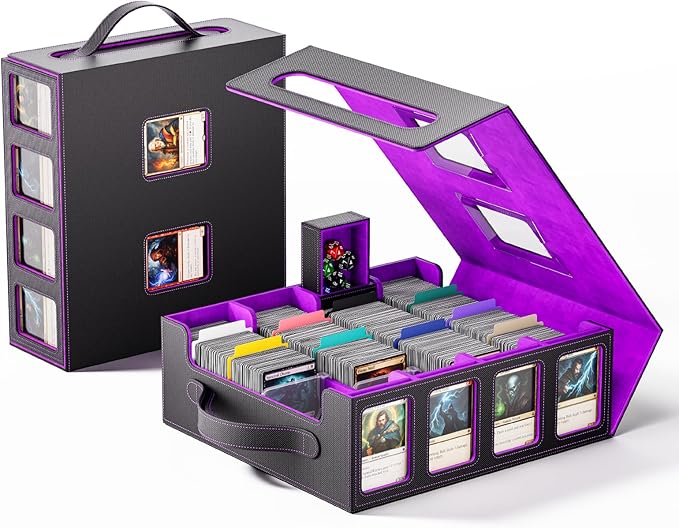 Trading Card Storage Box – 3500+ Magnetic MTG Deck Box with Handle,Commander & Toploader Display, Dice Box,4 Dividers & 30 Color Labels–Fits for TCG,MTG,Yu-Gi-Oh and Sport cards(Black/Purple)