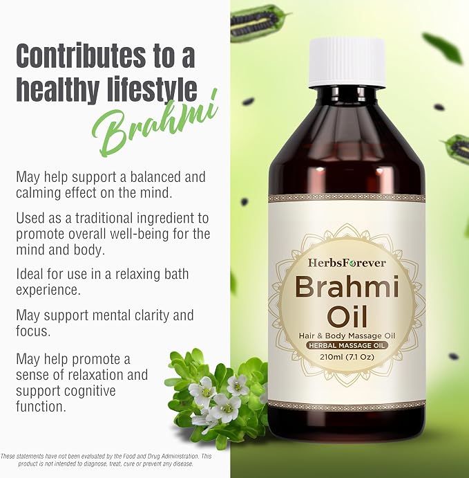 HerbsForever Brahmi Oil- Bacopa Leaves Infused Cold Pressed Sesame Oil | Hair & Sclap Massage Oil for Moisturising, Calming Nerves & Focus | Promote Hair Growth & Calm Mind| Ayurvedic, 210 ml-7.1oz