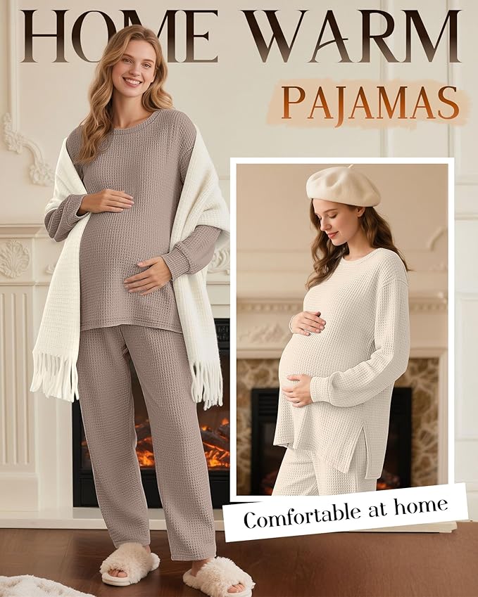 3 Pack Women's Maternity Shirts Long Sleeve Waffle Knit Side Split Oversized Tops Pregnancy Clothes Fall Tees