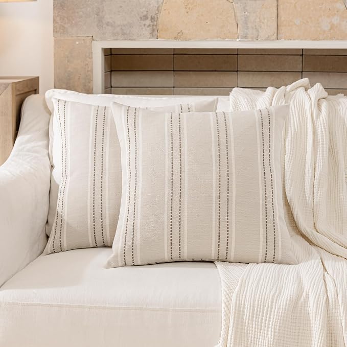 Hckot Striped Throw Pillow Covers 22x22 Set of 2 Taupe Pillow Covers | Farmhouse Decorative Pillows Textured Linen Square Cushion Covers for Sofa Couch Bed Living Room Decor(Taupe)