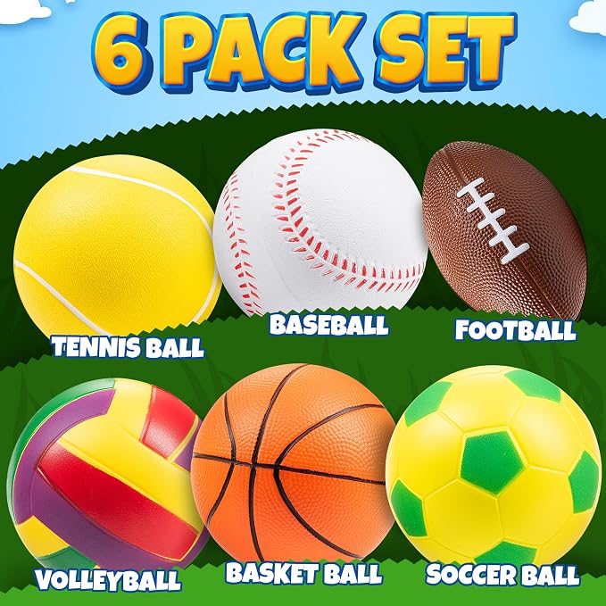Sports Balls for Toddlers 1-3, 6 Piece Soft Sports Balls with Foam Soccer, Basketball, Football, Baseball, Tennis & Volleyball - Toddler Boys & Girls Ball Toy Gift