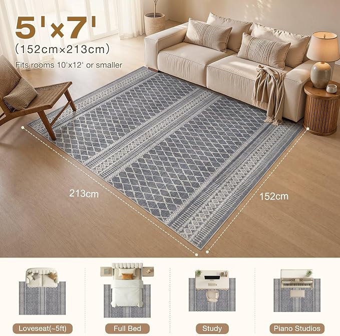 cotiled 5x7 Area Rugs Living Room Rug: Washable Boho Rugs with Non Slip Backing Large Soft Indoor Stain Resistant Carpet for Bedroom Farmhouse Dining Room Lightweight Home Decor Charcoal Grey
