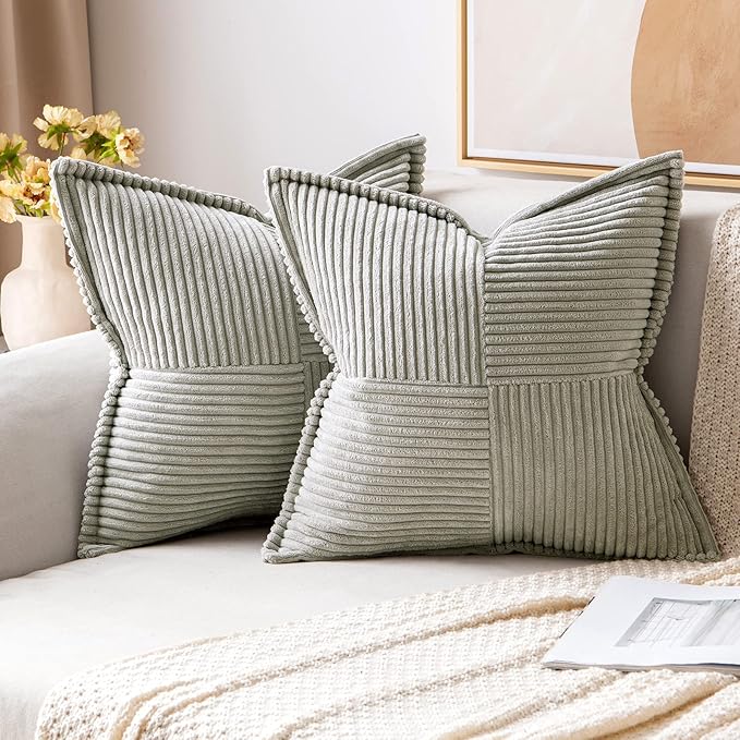 MIULEE Decorative Throw Pillow Covers for Couch 18x18 Inch Light Grey | 2 Pack, Boho Broadside Striped Patchwork Pillow Covers, Soft Corduroy Cushion Cases, For Sofa Bed Livingroom Home Decor