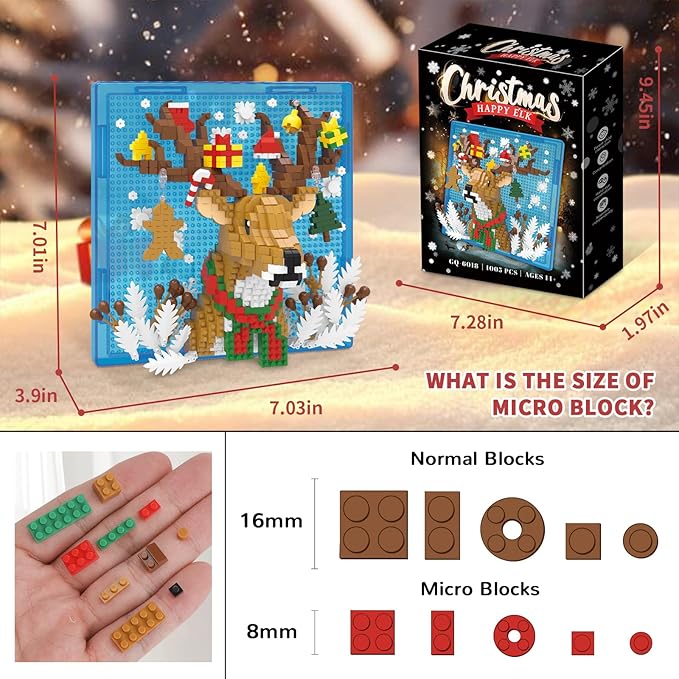 Christmas Reindeer Animal 3D Wall Art Micro Mini Building Blocks Set, Unique 2025 Christmas Home Decor, No Compatible with Lego, Ideal Christmas Holiday Toy Gift for Adults Boys Girls (1005 PCS)