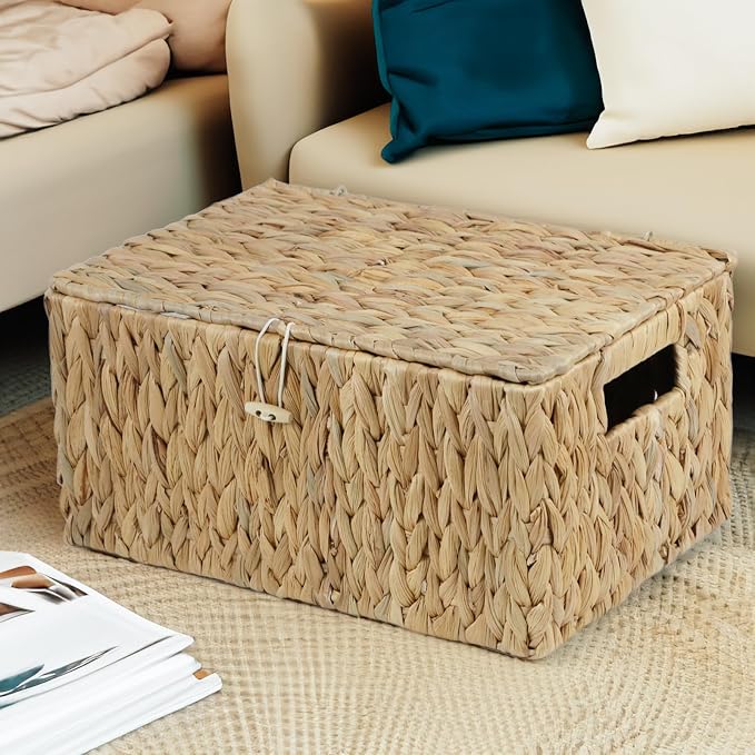 ORDELITE Water Hyacinth Wicker Storage Basket with Lid, Large | Rectangular Storage Box, Shelf Organizer Bin, Woven Home Storage, Multipurpose Design, Natural Decor