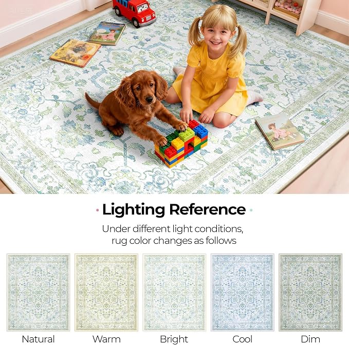 CAPALOCA 5x7 Washable Nursery Girls Low Pile Area Rug Green Blue | Non-Slip Soft Rugs for Bedroom Kids Playroom Living Room, Print Pattern Water Repellent Carpet Indoor Decor