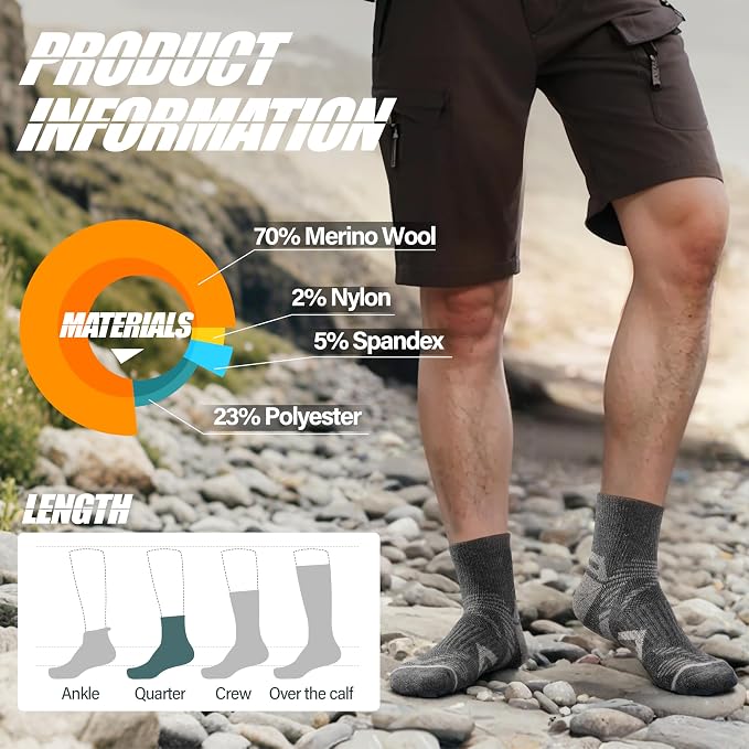 ANTSANG 6 Pairs Merino Wool Quarter Ankle Hiking Running Socks Compression Thermal Thick Cushion Socks for Women Men