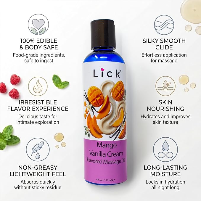 Lick Mango Vanilla Cream Flavored Massage Oil – Tropical Edible Massage Oil with Sweet Almond Oil & Vitamin E, Hydrating Body-Safe Formula for Relaxing Couples Massage, 4 oz