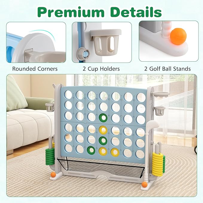 Costzon Giant 4-in-A-Row Connect Game, Height Adjustable 4-in-1 Jumbo 4-to-Score Yard Game with Golf, Ring Toss, Basketball, Cup Holder & Mesh Net, Indoor Outdoor Game for Kids Adults Family Party