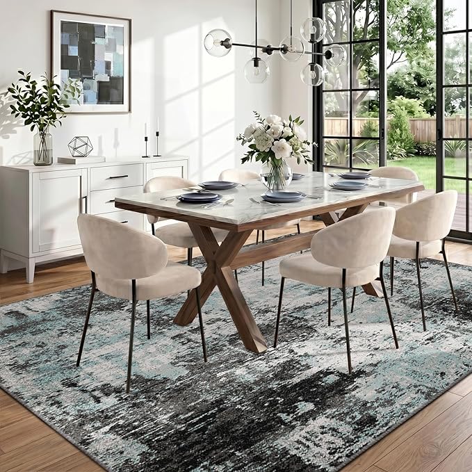 RELEANY Washable 10'x14' Abstract Area Rug for Living Room Teal Black | carpet for bedroom, kitchen, office, hallway and entryway, printed pattern, non-slip, soft, stain-resistant, easy to clean