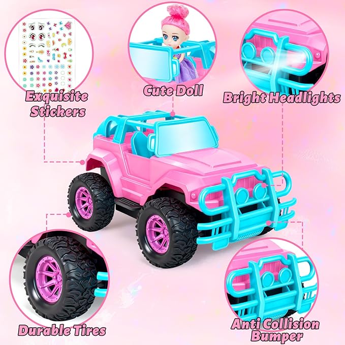 YongnKids Remote Control Car for Kids, 1:20 Scale Rc Trucks for Girls Age 4-7, Pink Rc Cars Toys for Ages 5-7 8-13 Boys Girls Birthday Gift, Off Road Trucks with Mini Doll & DIY Sticker
