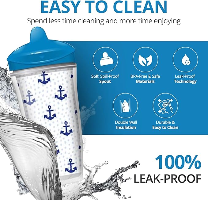 Playtex Baby Sipsters Hard Spout Sippy Cup for 12+ Months, 9 Ounce (2 Count), Blue Anchor & Sailboat Design, Insulated Toddler Water Bottle for Kids, Spill-Proof Cups for Toddlers 1-3, Stage 3