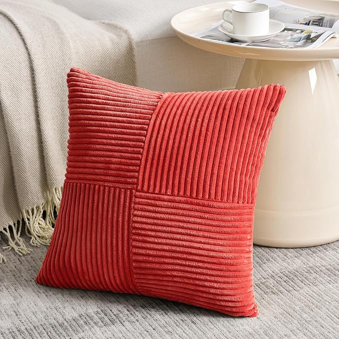 Fancy Homi 2 Packs Red Big Decorative Throw Pillow Covers 24x24 Inch for Couch Bed Sofa, Holiday Christmas Home Decor Gift, Soft Corss Corduroy Patchwork Accent Square Cushion Case 60x60 cm