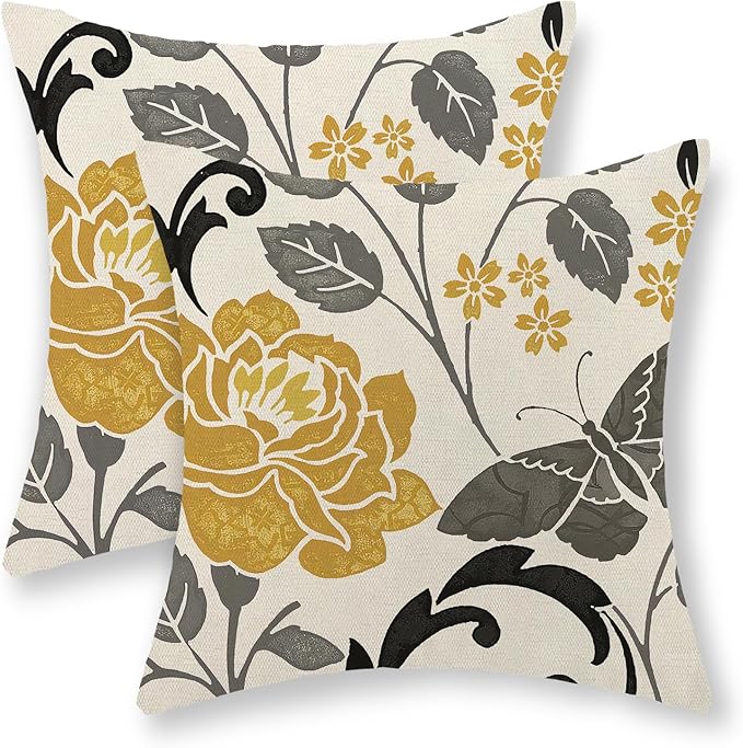 Mustard Yellow Pillow Covers 18x18 Inch Set of 2 Vintage Floral Decor Throw Pillows Grey Butterfly Flower Leaves Seasonal Outdoor Decorative Pillow Cases Linen Cushion Covers for Couch Sofa
