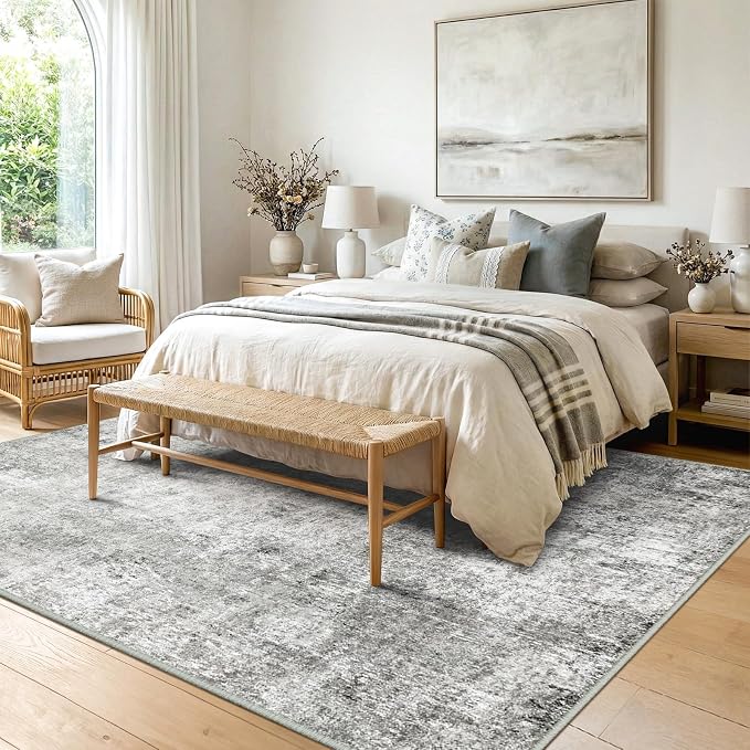 RELEANY Washable 10'x14' Abstract Area Rug for Living Room Gray White | carpet for bedroom, kitchen, office, hallway and entryway, printed pattern, non-slip, soft, stain-resistant, easy to clean